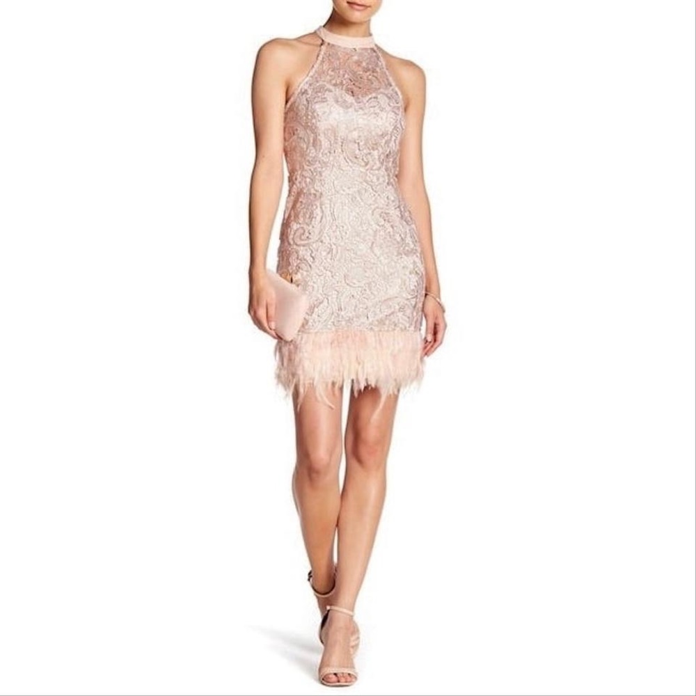 Rose Gold Feather Trim Cocktail Party Dress